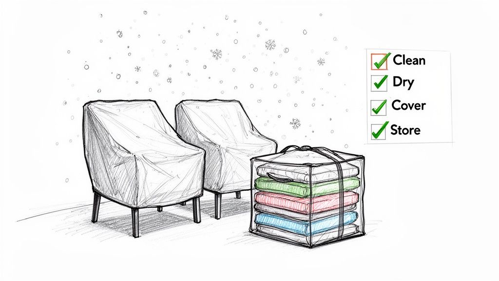 Sketch showing two covered outdoor chairs and stored cushions, with a checklist for furniture protection.