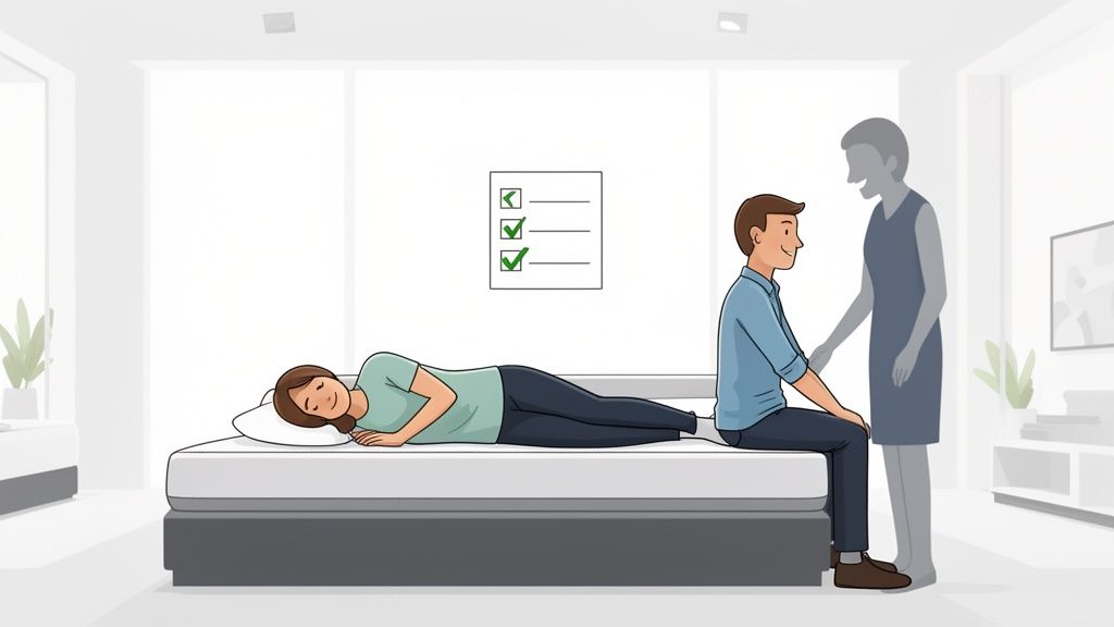 A man sits on a mattress, smiling at a translucent woman, while a woman sleeps next to him.