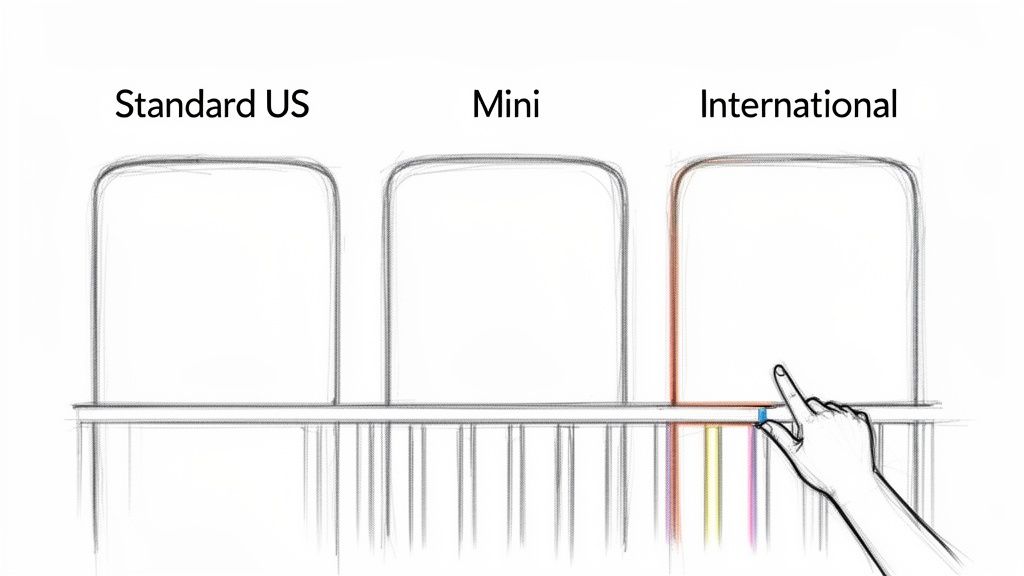 A sketch comparing Standard US, Mini, and International mattress sizes, with a hand pointing.