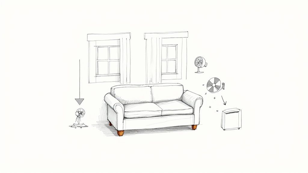 A line drawing depicts a couch in a room with two windows and multiple fans, illustrating air circulation.