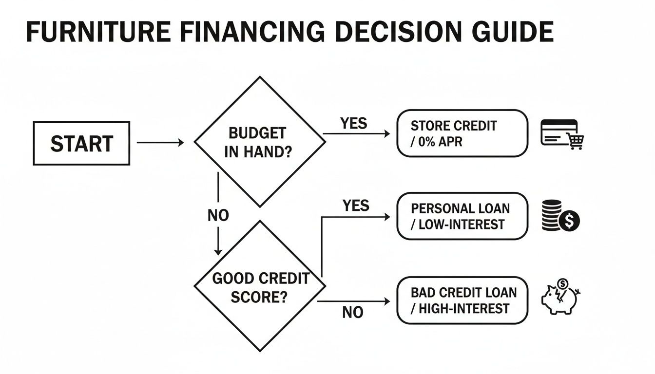 Flowchart guiding furniture financing decisions based on budget availability and credit score status.