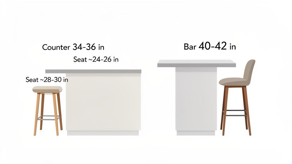 Diagram comparing standard counter (34-36 in) and bar (40-42 in) heights with suggested seat dimensions.