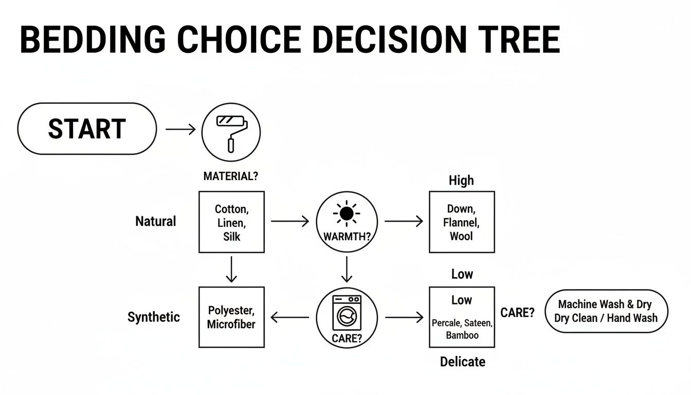 Flowchart guiding bedding choices by material (natural/synthetic), warmth (high/low), and care methods.