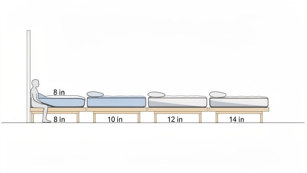 A visual comparison of mattress thicknesses: 8, 10, 12, and 14 inches, on bed frames.