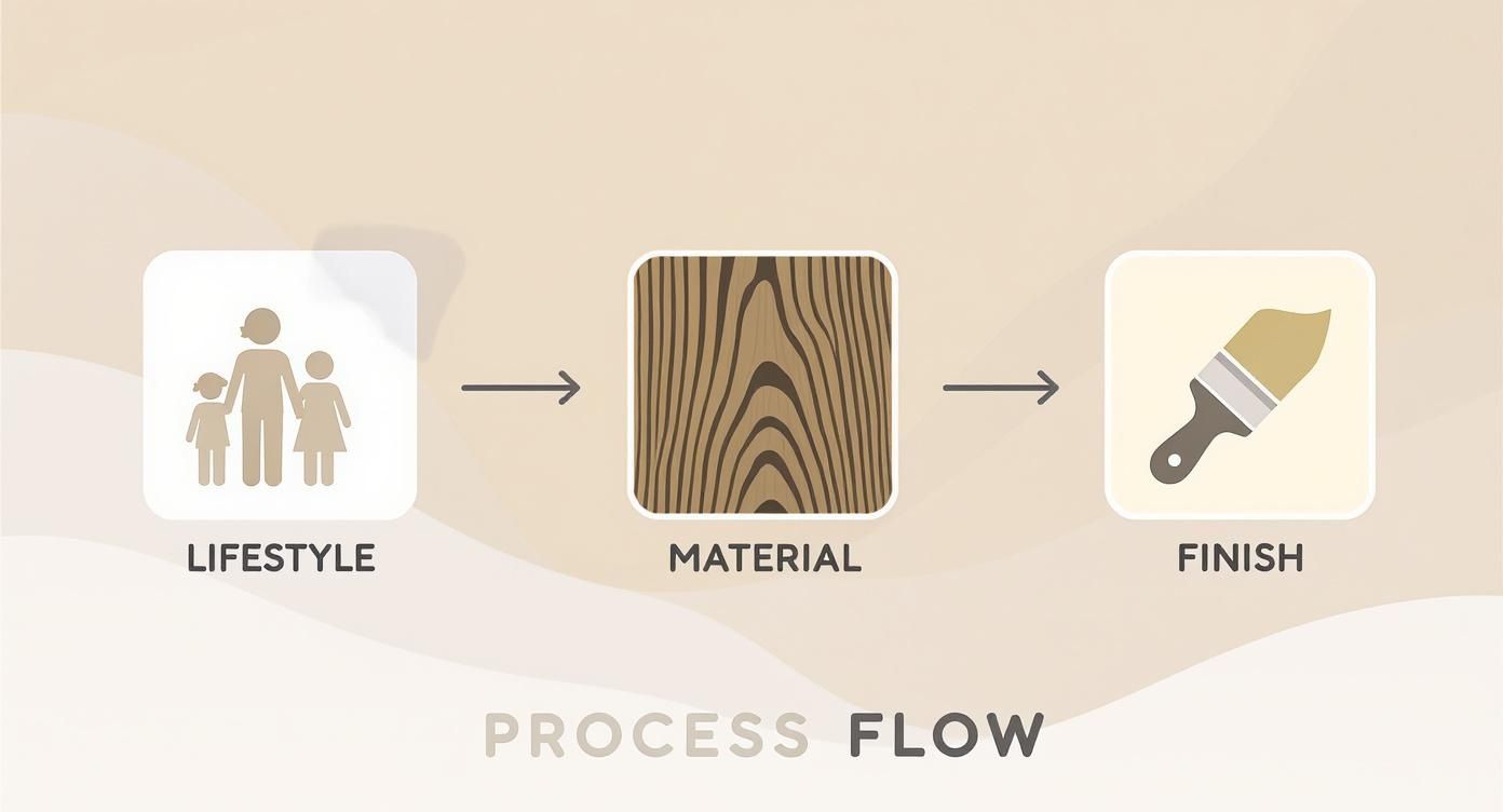 Process flow diagram showing steps from lifestyle (family icon) to material (wood grain) to finish (paintbrush).