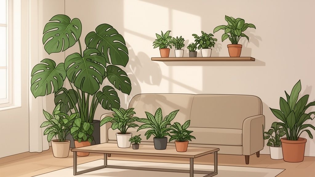 A cozy, plant-filled living room featuring a beige sofa, coffee table, and shelf with many green potted plants.