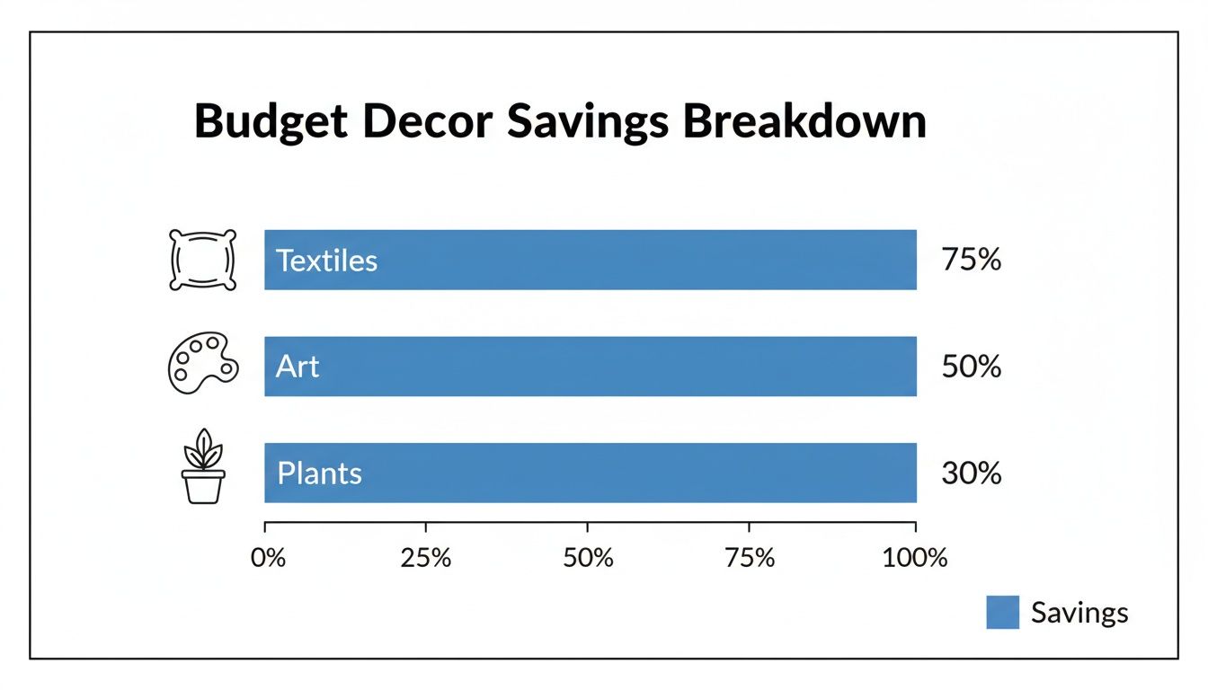Horizontal bar chart showing budget decor savings for textiles, art, and plants.