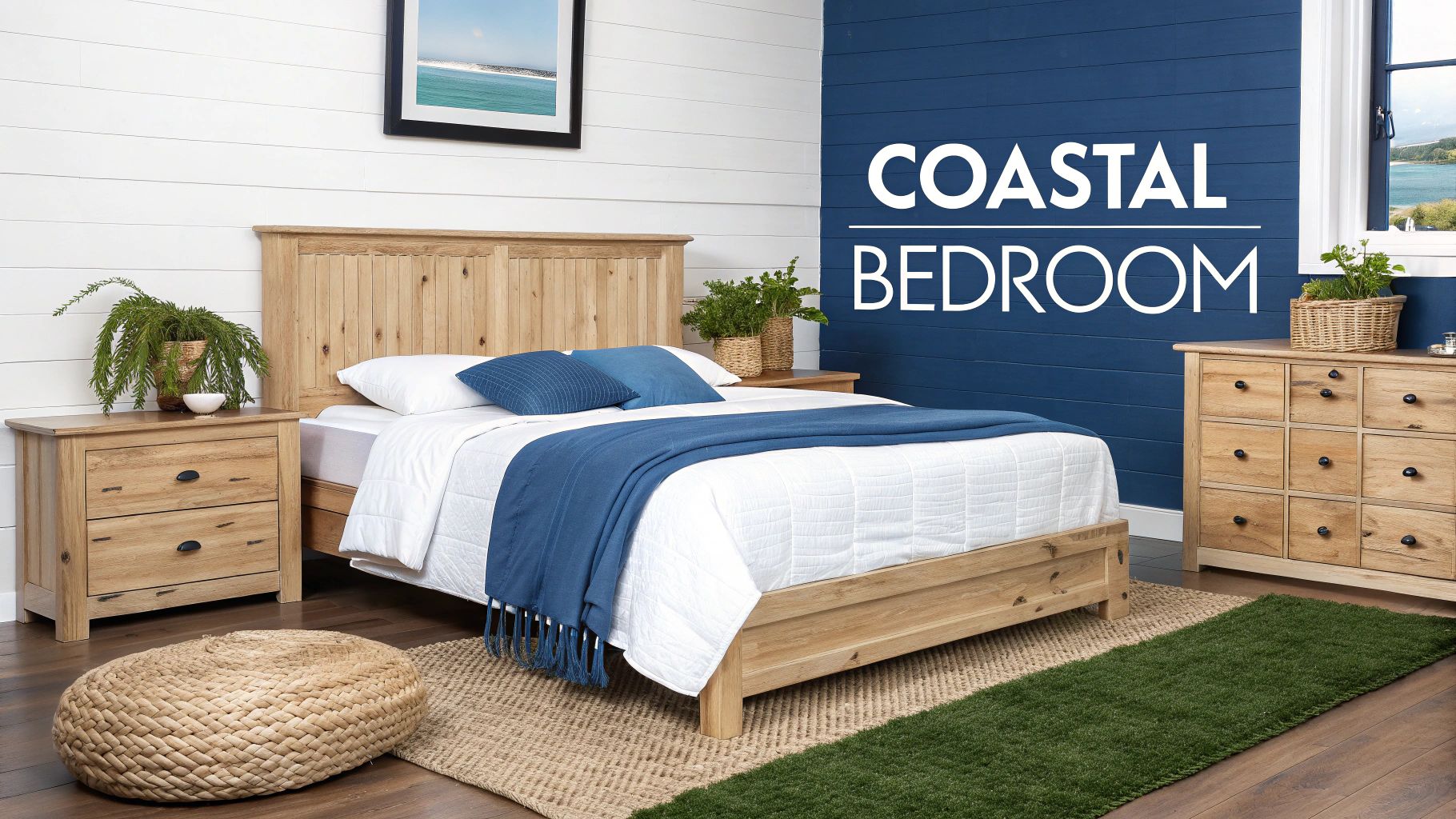 A bright coastal bedroom featuring light wood furniture, white bedding, blue accents, and a window view.