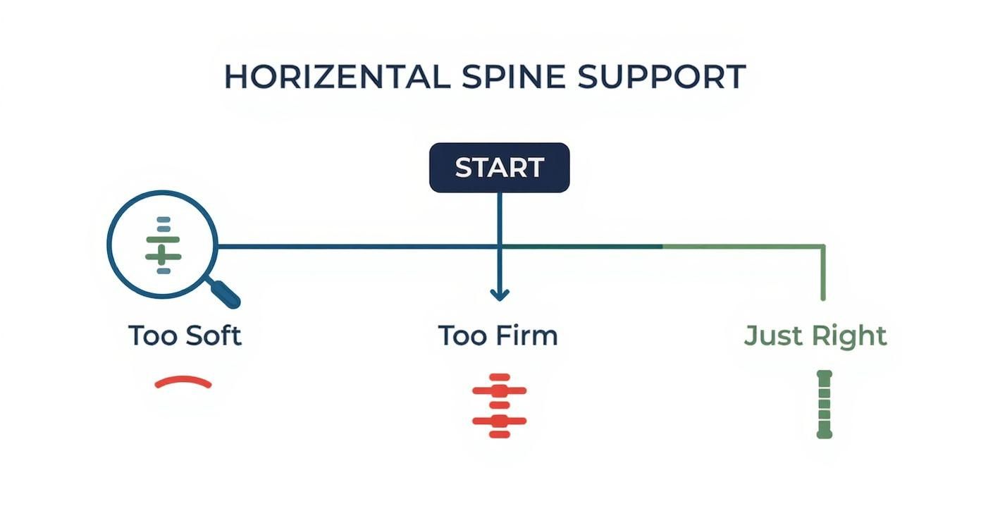 Infographic decision tree showing how a mattress that is too soft or too firm causes poor spinal alignment, while a mattress that is "just right" keeps the spine straight.