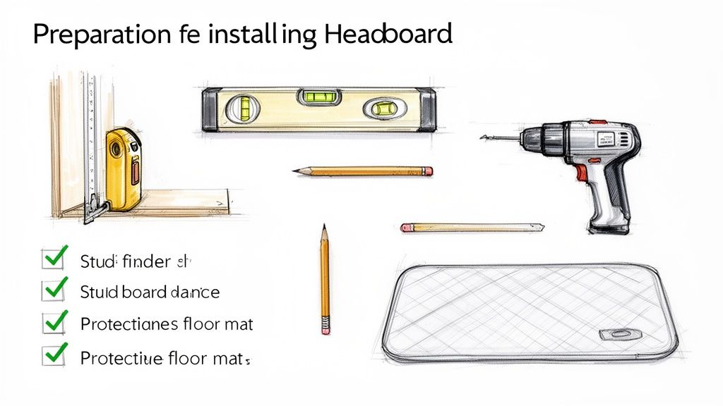 Tools for headboard installation preparation, including a stud finder, level, drill, pencils, and floor mat.