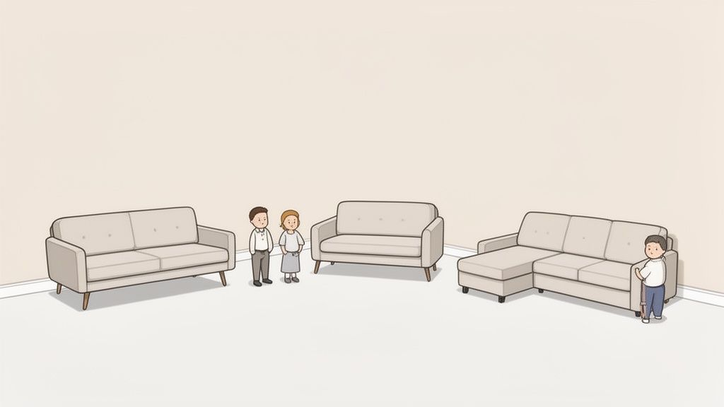 A family stands next to three different neutral-colored sofas, showcasing various styles and sizes.