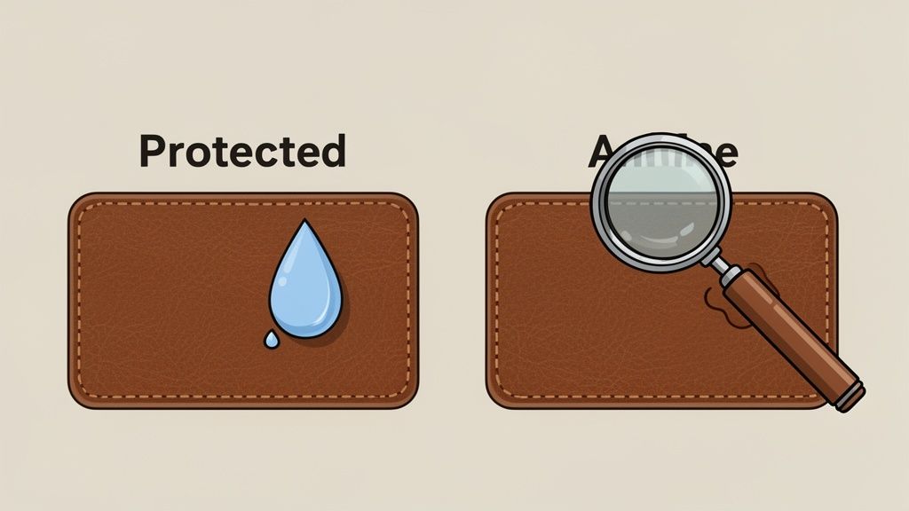 Illustration comparing leather durability: one patch protected from water, the other magnified showing abrasion.