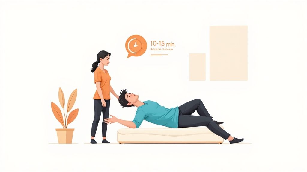 A woman assists a man lying on a mattress, likely testing its firmness for comfort and relaxation.