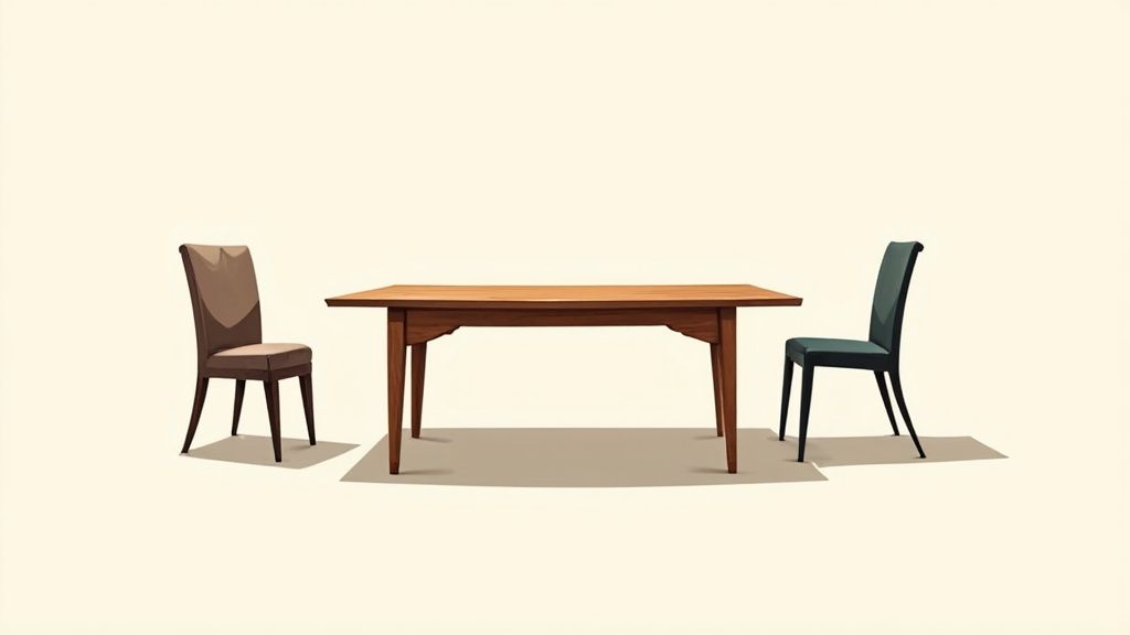 Two contrasting chairs, one brown and one dark teal, with a simple wooden dining table on a light background.