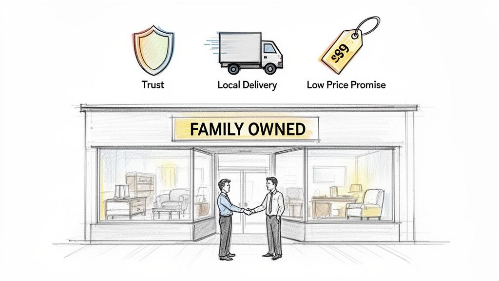 Sketch of a family-owned furniture store offering trust, local delivery, and a low price promise.