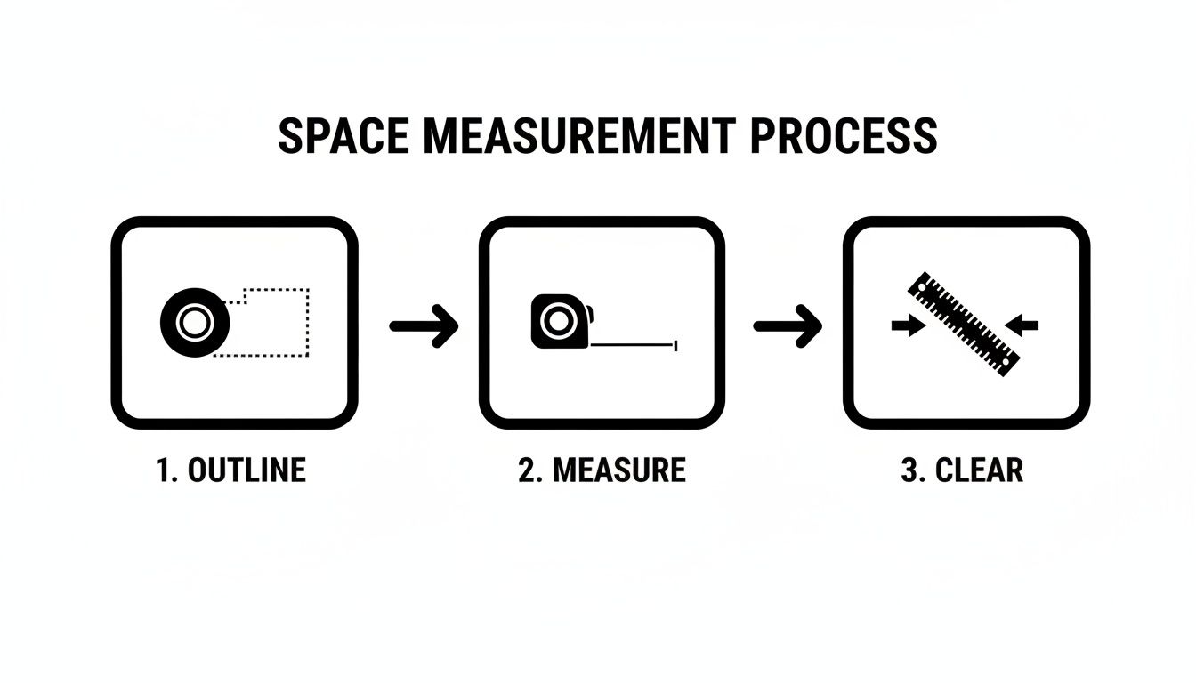 A diagram illustrating the three steps of the space measurement process: outline, measure, and clear.