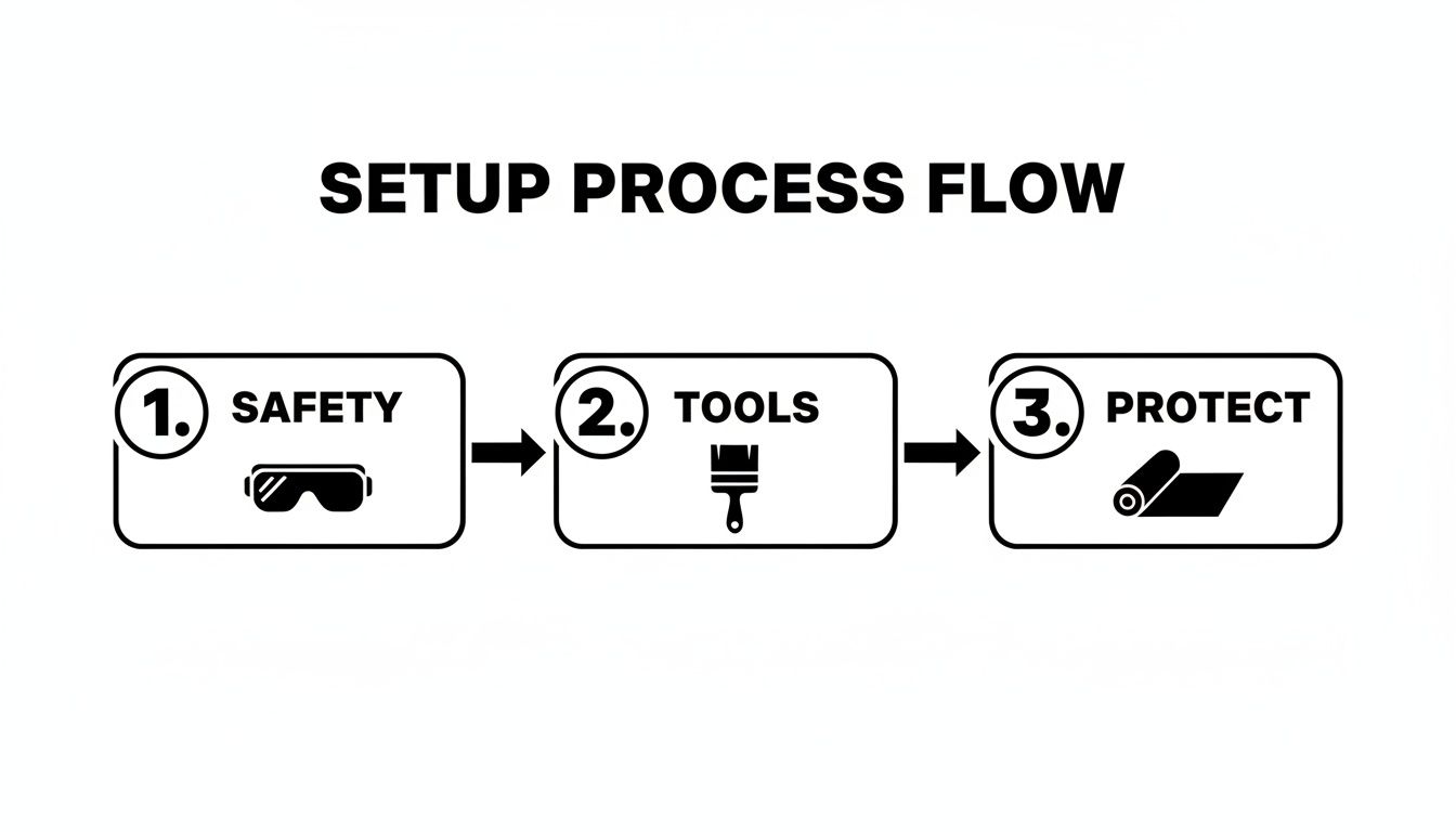A three-step setup process flow diagram: 1. Safety (goggles), 2. Tools (paintbrush), 3. Protect (drop cloth).