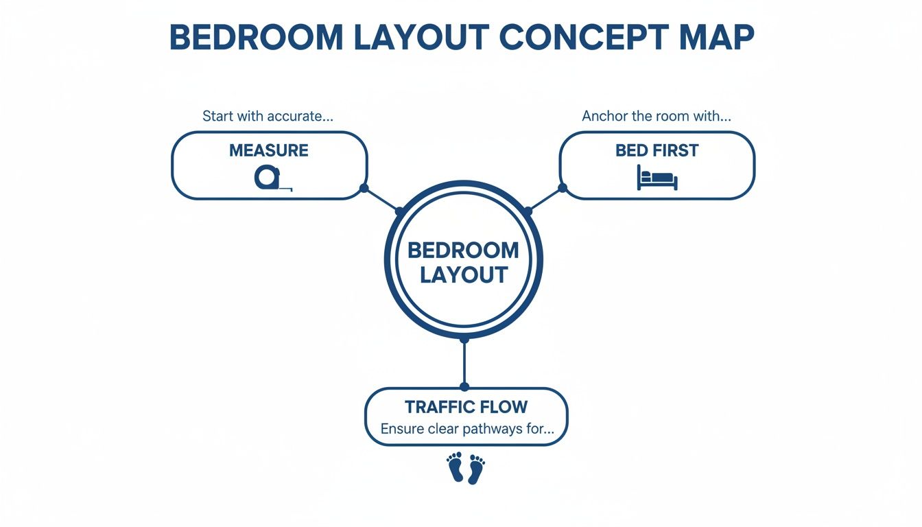 Concept map illustrating bedroom layout principles: accurate measuring, bed first placement, and ensuring clear traffic flow.