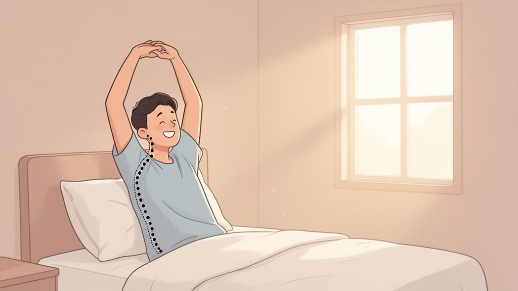 A man stretches happily in bed as morning light streams through a window, illustrating good spinal posture.