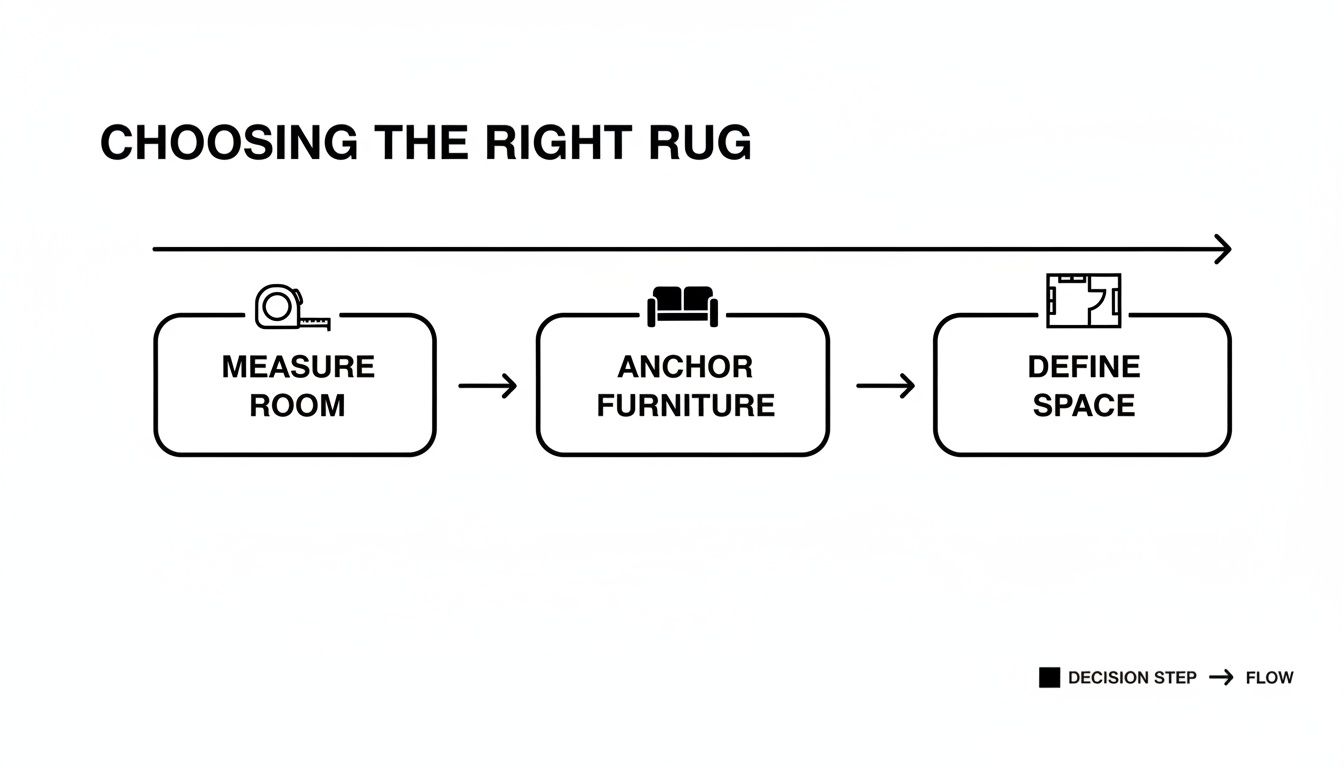 A clear flowchart outlining three steps for choosing the right rug: measure room, anchor furniture, and define space.