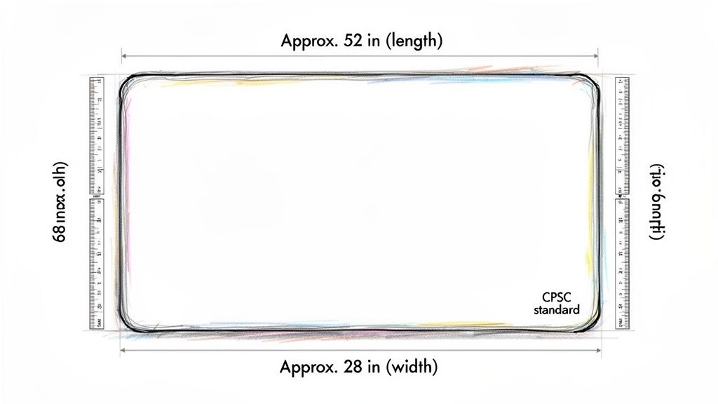 Diagram showing approximate dimensions of a rectangular object: 52 inches length, 28 inches width, CPSC standard.