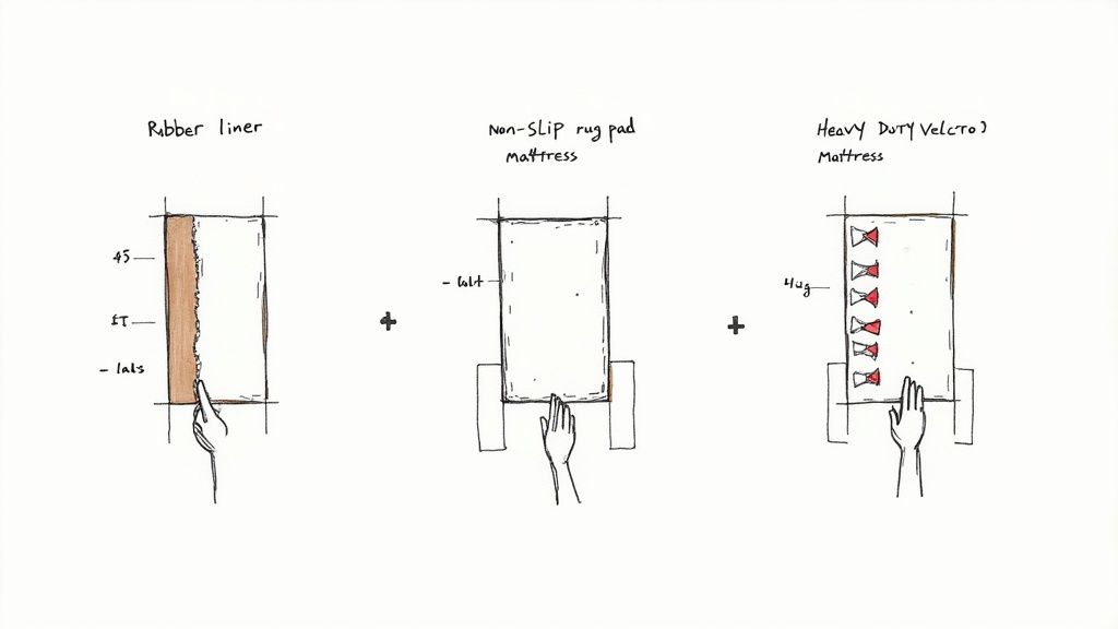 Three diagrams illustrate methods to stop a mattress from sliding: rubber liner, non-slip rug pad, and heavy-duty Velcro.