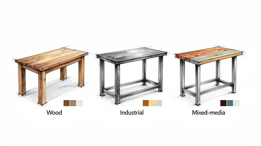 Sketches of three distinct counter height table styles: wood, industrial, and mixed-media, with color palettes.