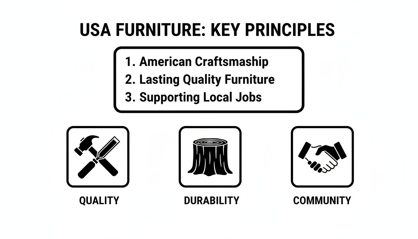USA Furniture's key principles: American craftsmanship, lasting quality furniture, and supporting local jobs, with quality, durability, and community icons.