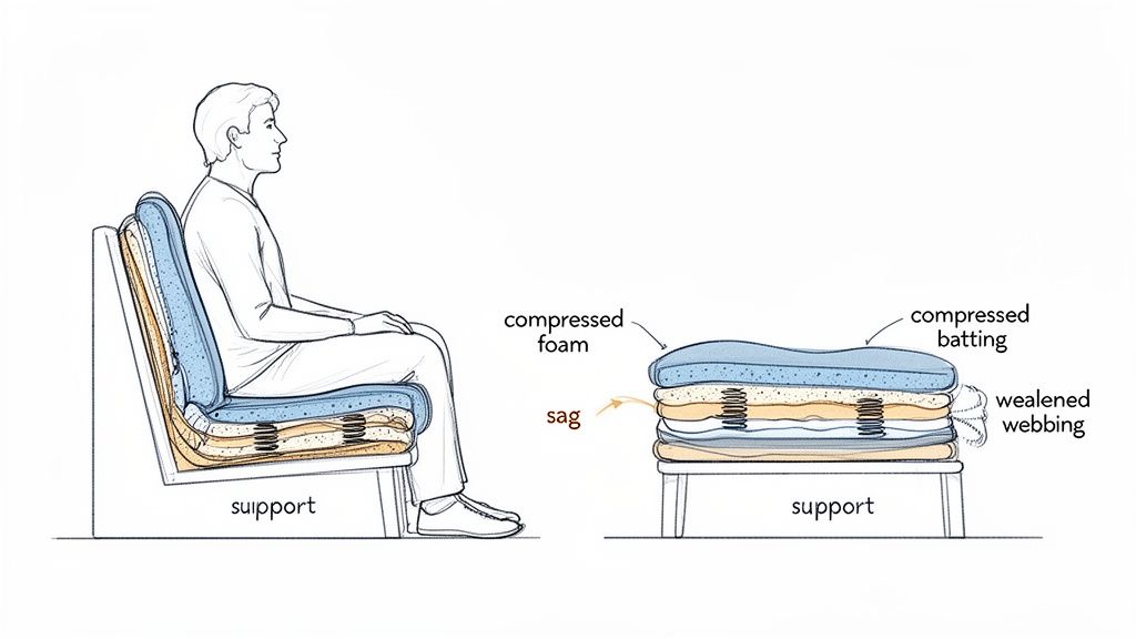 Cross-section showing a person sitting on a sofa with worn, sagging cushions and internal components labeled.