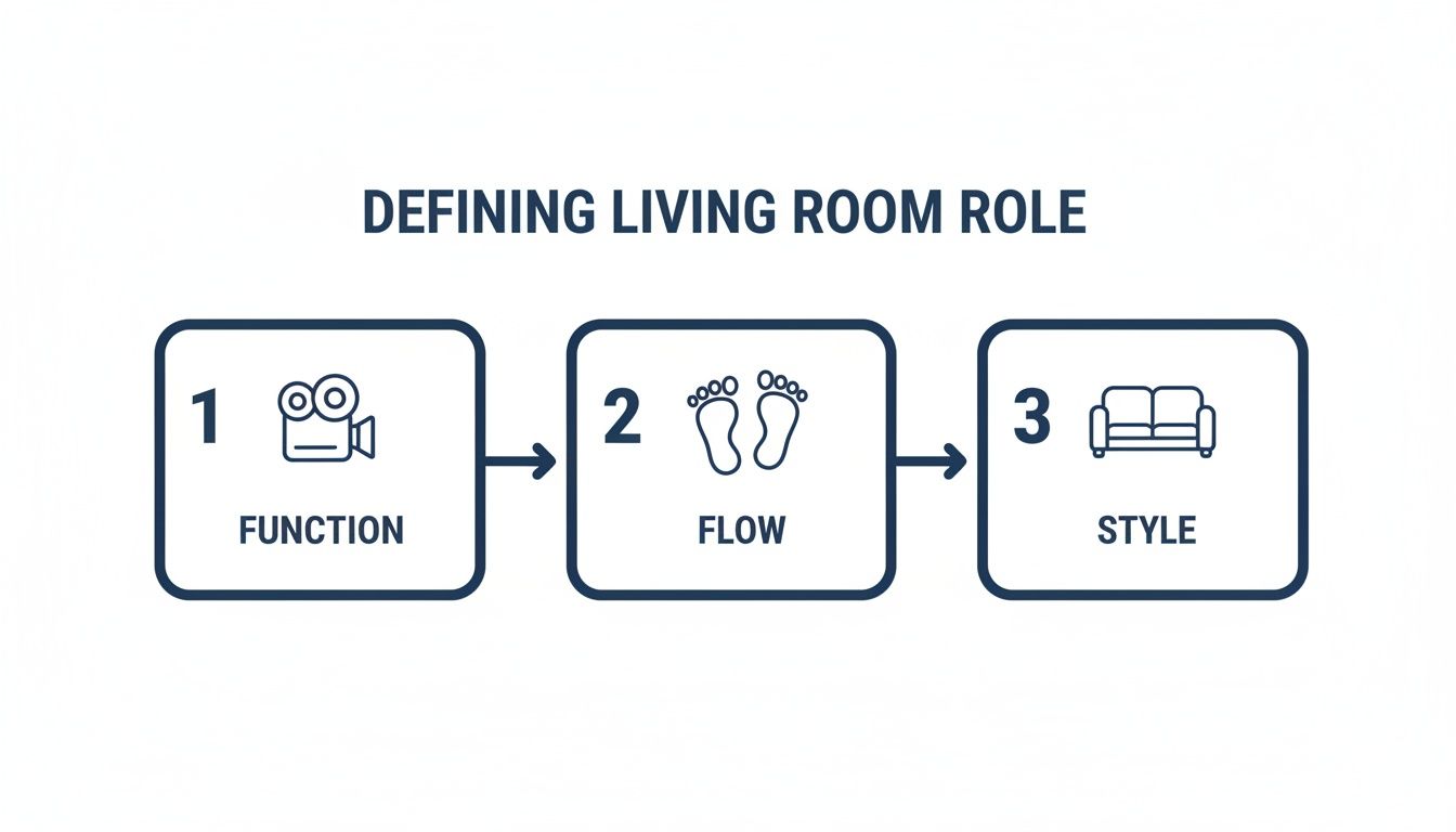 Infographic illustrating three steps to define living room role: function, flow, and style.