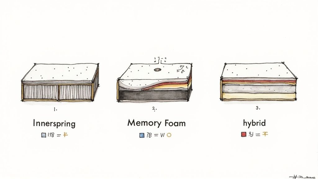 Cross-section diagrams illustrate three mattress types: Innerspring, Memory Foam, and Hybrid, detailing their internal structures.