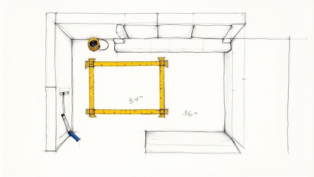 Overhead sketch of a room showing a couch, measuring tools forming a frame, and dimensions.