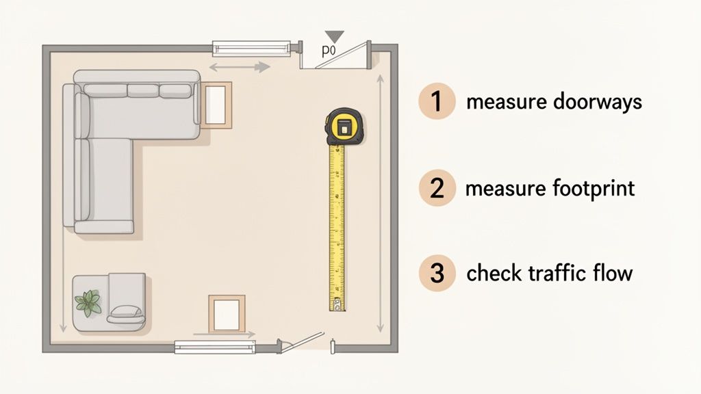 Top-down view of a room layout with a sectional sofa, measuring tape, and steps for furniture placement.