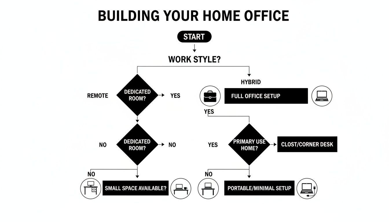 Flowchart for building your home office, guiding users through different setups based on work style and room availability.