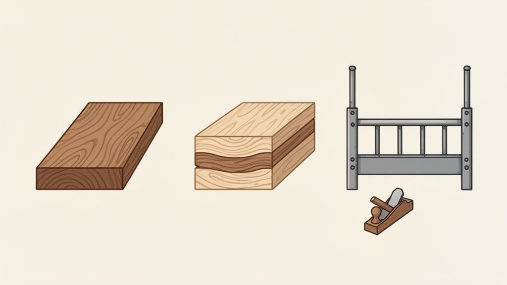 An illustration showcasing a solid wood board, a laminated wood block, a grey bed frame, and a hand plane tool.