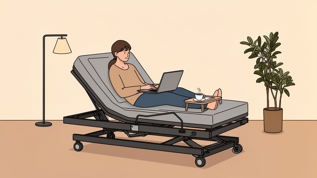A person comfortably uses a laptop on an adjustable bed with a drink, lamp, and plant.