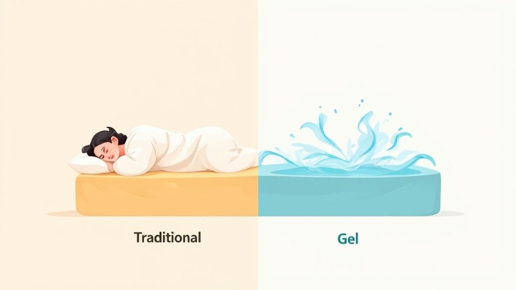 A side-by-side comparison of a person sleeping on a traditional mattress and a gel mattress with water splashes.