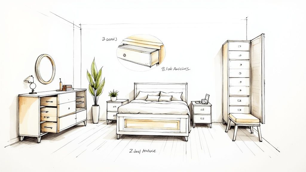 A detailed sketch of a contemporary bedroom setup with bed, dresser, nightstands, and a tall chest of drawers.