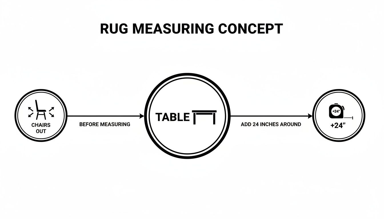 Diagram showing how to measure a dining room rug, instructing to pull chairs out, measure table, then add 24 inches.
