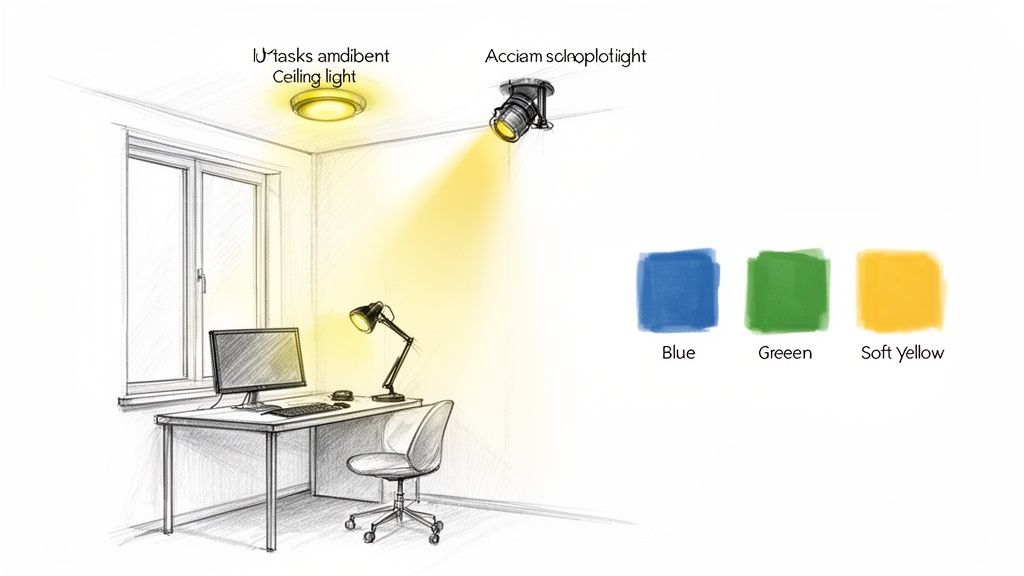 Sketch of a home office corner featuring ceiling light, spotlight, desk lamp, and color swatches.