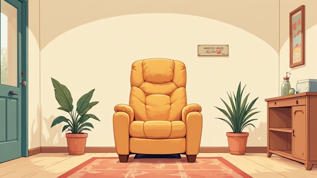 Woman smiling comfortably in a light-colored recliner in a well-lit living room.