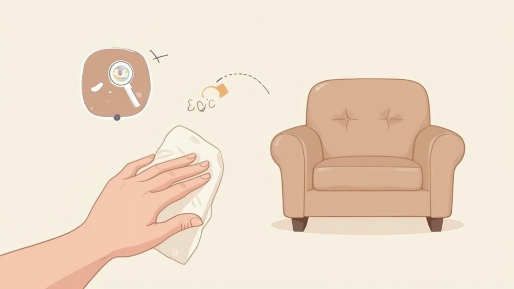 A hand cleans a beige armchair with a cloth, with icons for inspection and liquid spill crossed out.