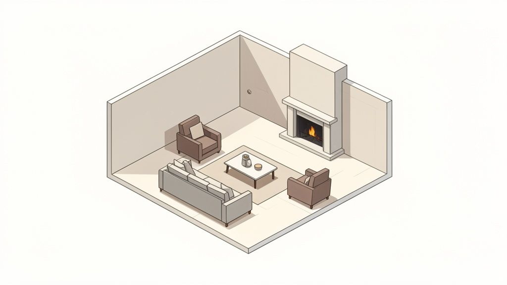 An isometric view of a cozy living room with a lit fireplace, sofa, armchairs, and a coffee table.
