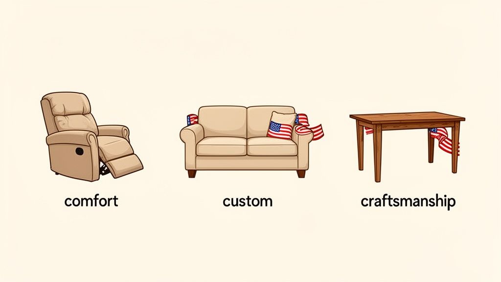 Three furniture pieces: a recliner representing comfort, a sofa with American flags for custom, and a wooden table for craftsmanship.