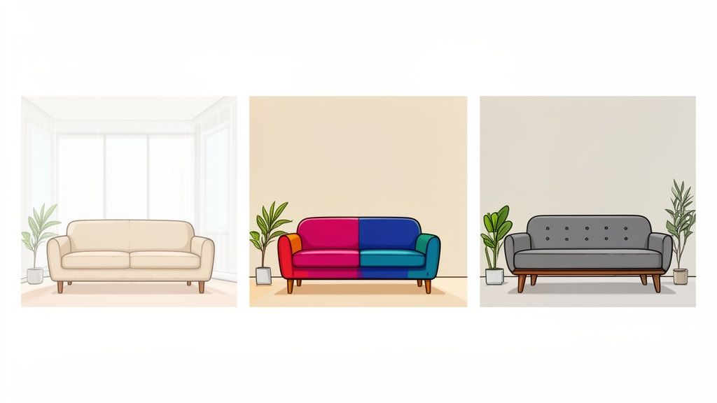 Three distinct two-seater sofas in different styles and colors, each with plants, illustrating various living room decor options.