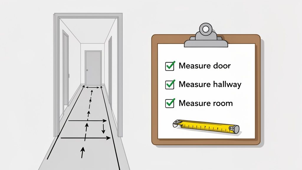 Diagram showing hallway measurements with a clipboard checklist for door, hallway, and room, including a tape measure.