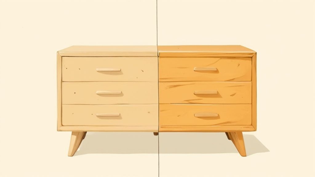 Before-and-after comparison of a dresser, with light unfinished wood on the left and darker refinished wood on the right.