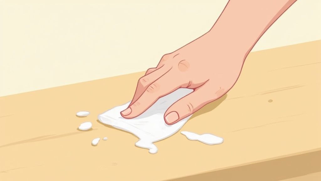A close-up of a hand gently cleaning a sticky spot off a wooden table with a soft cloth.