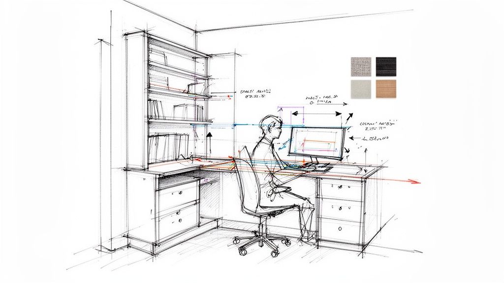 Architectural sketch of a small home office with a person at a corner desk and shelves.