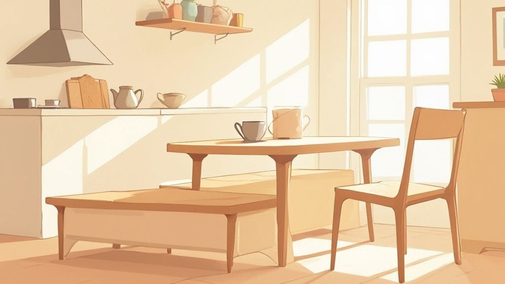 A stylish, small round kitchen table with three chairs in a bright, modern kitchen.